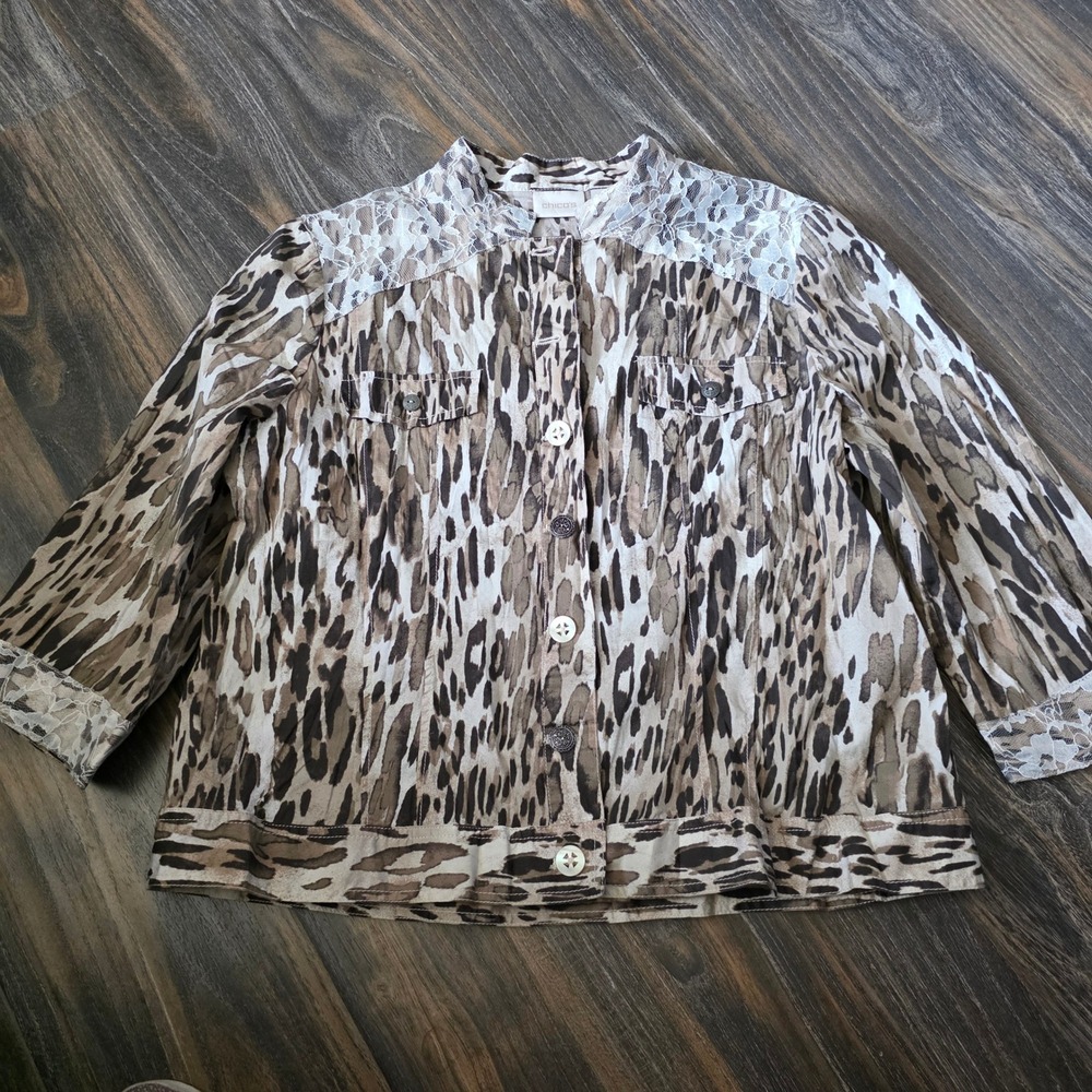 Chicos Artisan Animal Pattern Jean Jacket Neutral Lace Trim Size 3=XL 570104678